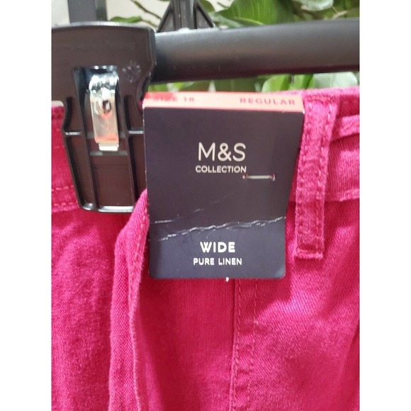 M&S Collection Women Pink 100% Linen Mid Rise Pull On Wide Legs Regular Pants 18 - Picture 2 of 12